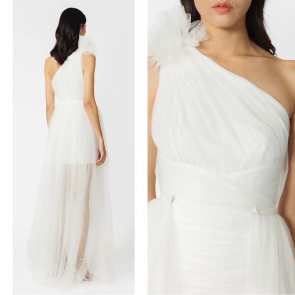 SAU LEE Sidney One Shoulder Ruched Tulle Mini Dress with Detachable Train Sz 2 - Picture 3 of 11